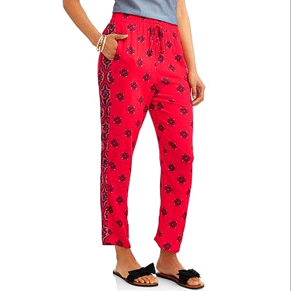 Red boho flowy loose cropped summer pants flowy drawstring pockets large